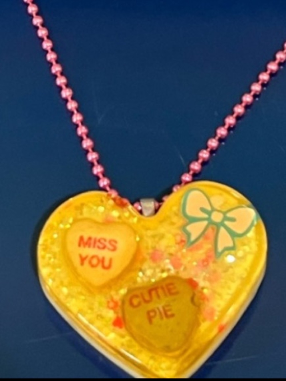 Valentine Conversation Hearts Resin Necklace Pink Metal Chain Handmade Jewelry